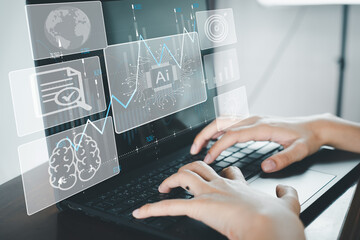 Data Analytics,Business Intelligence, Data Visualization,Artificial Intelligence,AI Analytics concept.,Businesswoman using laptop for business analysis by Ai idea for business,technology.