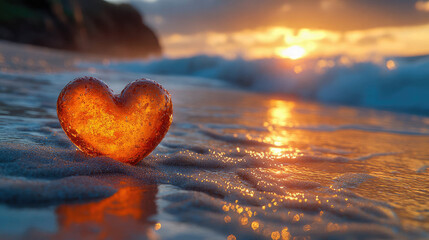 Fototapeta premium A heart-shaped stone in the sand on a beach during sunset, with warm golden light illuminating the scene. Romantic and serene beach moment