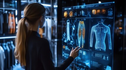 A woman is engaged with a high-tech digital display in a modern retail environment, exploring innovative clothing designs and technologies