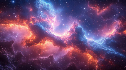 Fototapeta premium A photorealistic image of space with bright purple and pink clouds and stars. A breathtaking view of cosmic space with nebulas and starlight