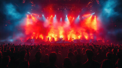 A concert stage with a vibrant red and blue light show, featuring a crowd of people enjoying live music. The scene captures the energy and excitement of a music festival