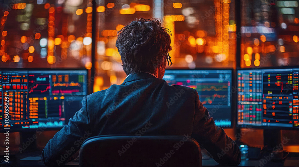 Poster a stock trader sits in front of multiple monitors displaying financial data, illuminated by warm cit