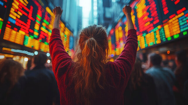 A woman stands victoriously with raised arms in front of a colorful stock exchange board, celebrating success in a bustling financial environment