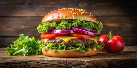 Juicy beef burger with lettuce tomato and onion in a long shot