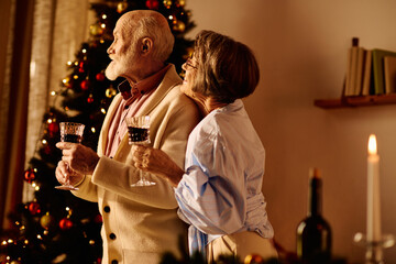 A senior couple stands close, sharing a festive moment at home during Christmas.