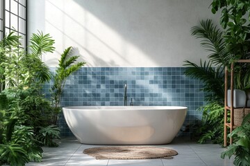 spa-inspired bathroom, the peaceful atmosphere in a bathroom with white and blue tiles, minimalist decor, and vibrant green plants