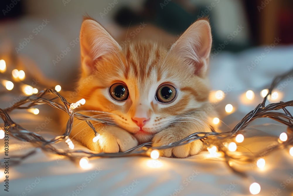 Poster playful tabby kitten tangled in christmas string lights surrounded by festive bokeh capturing joy cu