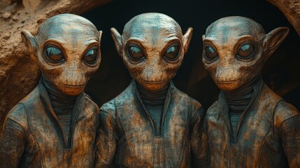 Three aliens with big eyes and strange faces are standing in a cave