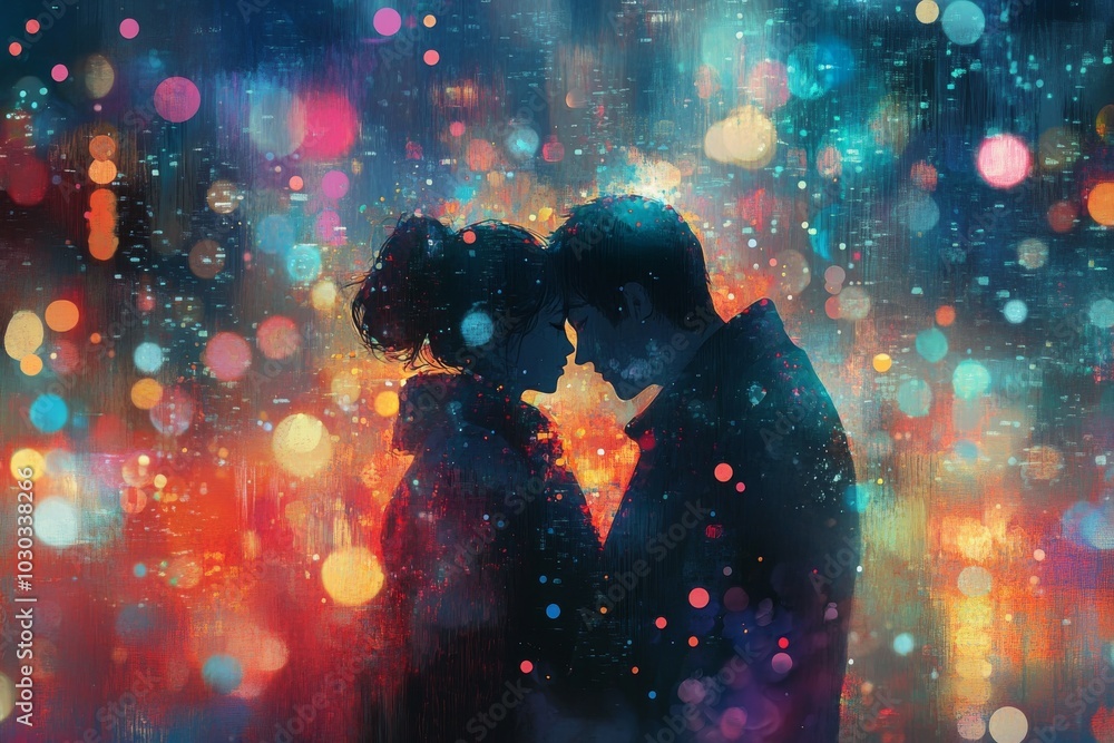 Aufkleber romantic couple silhouette illuminated by vibrant bokeh lights creating an intimate and dreamy atmos