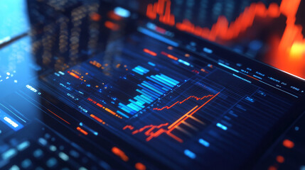 Obraz premium The concept of online trading is illustrated with a realistic device displaying various business finance icons, showcasing features like stock charts, market analysis, and trading options for an engag