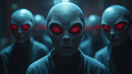 A group of aliens with red eyes are standing in a line