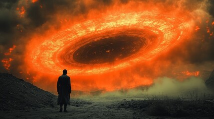 Fototapeta premium A man stands in front of a large orange hole in the ground