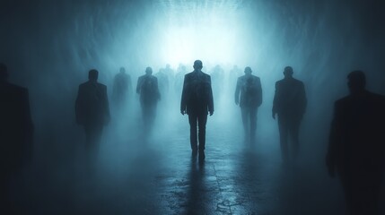 A group of people walking through a foggy tunnel