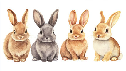 A set of watercolor rabbits or bunnies is beautifully illustrated, each depicted in various poses, isolated on a white background for a charming and artistic effect.



