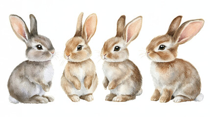 A set of watercolor rabbits or bunnies is beautifully illustrated, each depicted in various poses, isolated on a white background for a charming and artistic effect.



