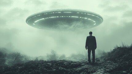A man stands on a hill looking at a large object in the sky