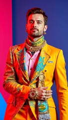 Obraz premium Fashionable man in a colorful embellished suit with elaborate jewelry poses against a vibrant background