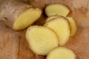 details of the ginger root used in cooking sliced into pieces