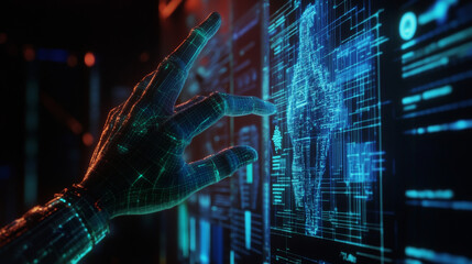 A wireframe robot hand and a human hand are reaching out to touch a digital graph interface against a dark background in 3D rendering.




