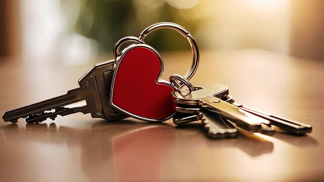  Red Heart Keychain with Keys on Wooden Surface