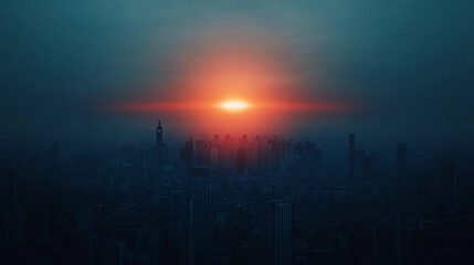 A breathtaking sunset over a city skyline, with vibrant orange and deep blue hues blending in the sky, creating a serene and dramatic atmosphere.