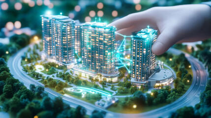 Obraz premium Smart building technology: Robotic hands holding a smart building network connection, showcasing automated systems, IoT integration, energy management, security systems, and building automation techno