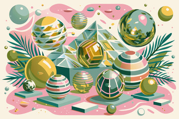 Whimsical Geometric Shapes and Palm Fronds Illustration