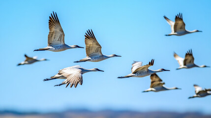 A close-up of migratory birds in flight, with detailed views of their wings and feathers against a clear blue sky, showcasing their grace and power.