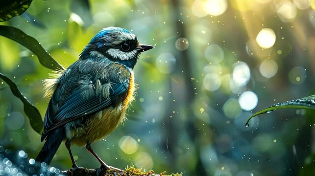 A bluebird perches on a branch in a lush forest, bathed in sunlight and raindrops