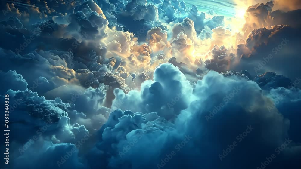 Poster a view from above the clouds, with a beautiful golden light shining through the gaps