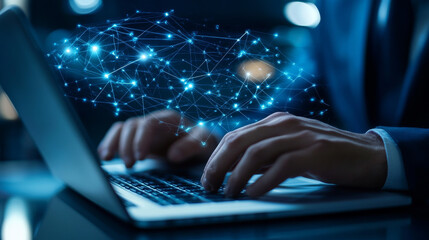 A businessman uses a laptop, tapping an icon for banking on a network connection, illustrating digital marketing in finance and banking, online shopping, customer networks, and cyber security within b