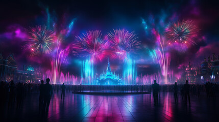 A dazzling fireworks festival lighting up the night sky with vibrant bursts of color, reflecting over a calm body of water,