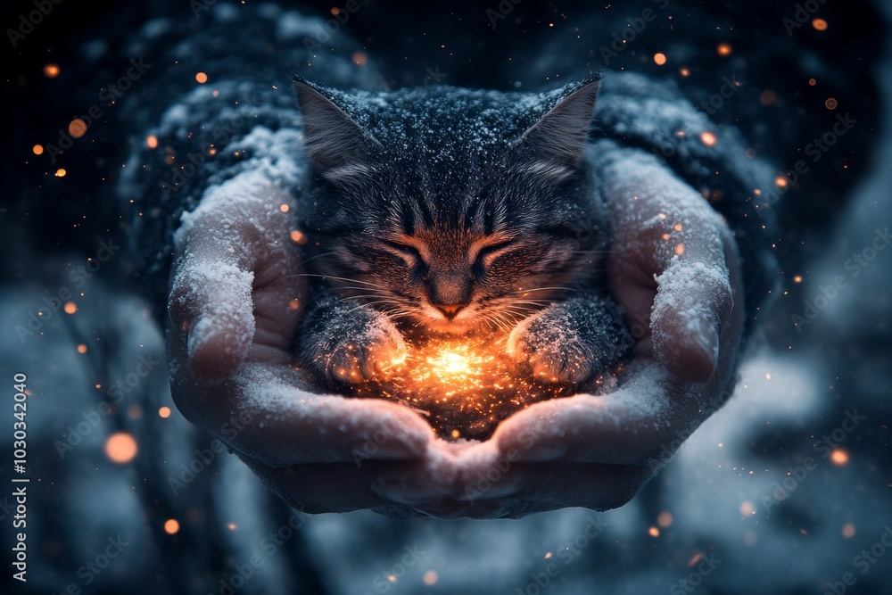 Aufkleber close up of a cat resting in snow covered hands with a magical glowing orb of light symbolizing warm