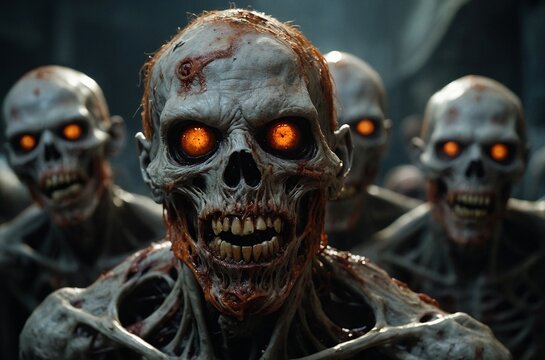 Close up photo of a crowd of hungry evil scary undead zombies. Halloween horror zombie virus pandemic monster illustration.