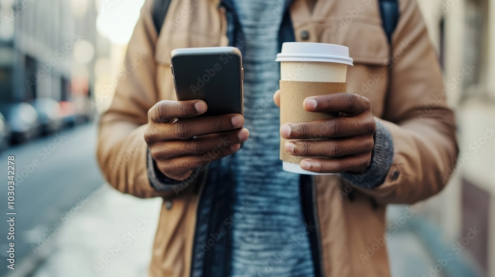 Poster single hand smartphone interaction, showcasing a man using a mobile device with one hand, while carr
