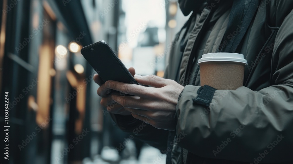 Poster single hand smartphone interaction, showcasing a man using a mobile device with one hand, while carr