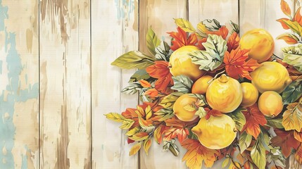 Vibrant Sukkot Celebration Card with Fresh Lemons and Autumn Leaves, Exuding Rustic Festivity