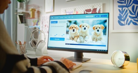 Teen girl enters prompt in artificial intelligence chatbot using computer. AI image generator creates detailed photo of puppies on PC. From text prompt to realistic generated image. Automated artwork.