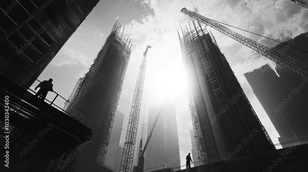 Poster skyscraper framework with steel beams and columns rising into the sky, crane operators maneuvering h