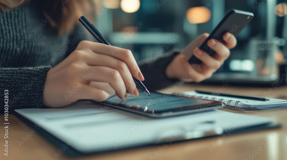 Poster smartphone for work, close-up of hands typing on a smartphone with a stylus, showing a productivity 
