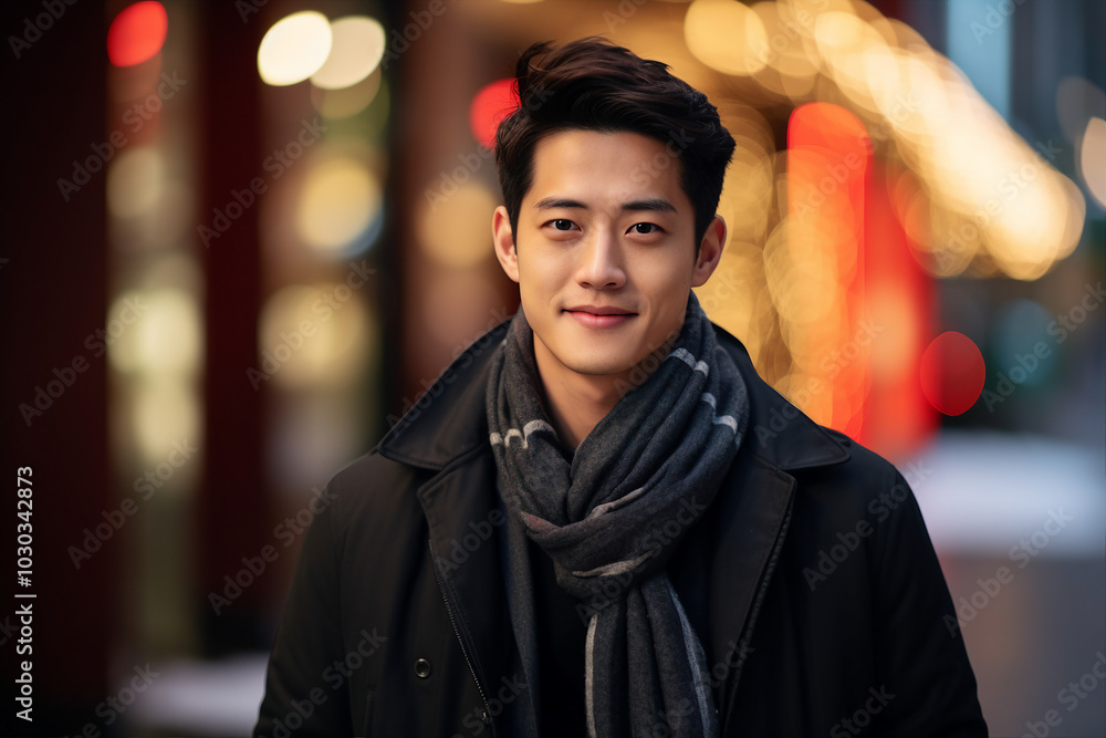 Sticker Generative ai picture of handsome nice man walking in evening megapolis blurred garland background