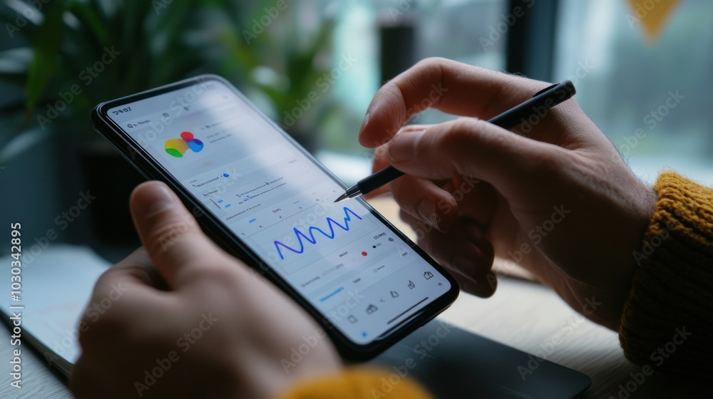 Poster smartphone for work, close-up of hands typing on a smartphone with a stylus, showing a productivity 