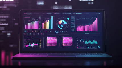 Obraz premium Transparent 3D illustration of a business dashboard on a laptop, displaying key aspects of business analysis, investment management, trading KPIs, and infographics.