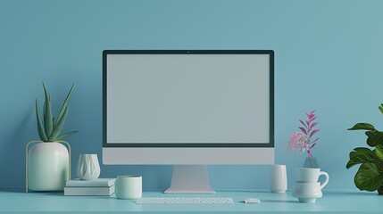 3D render of a blank computer display mockup on a blue wall background, working space with office accessories and a coffee cup in a minimal style.