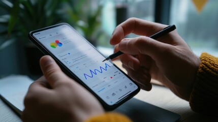 Smartphone for work, close-up of hands typing on a smartphone with a stylus, showing a productivity app, office background