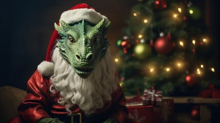 Fototapeta premium Portrait of a dragon in Santa hat. Christmas background.