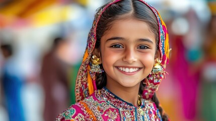 Fototapeta premium Smiling girl in ethnic attire, captured in a candid moment during a cultural festival, with vibrant colors around her