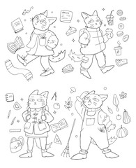linear vector set of drawn cats in different clothes and with objects around
