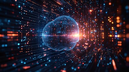 An abstract illustration of an AI neural network forming a brain shape, with glowing data nodes and interconnected pathways