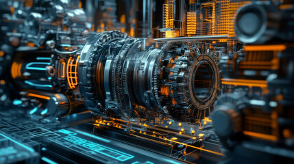Fototapeta premium An engineering designer utilizes 3D CAD software to create a digital model of an industrial engine, displayed on a computer screen in a manufacturing factory setting, showcasing advanced mechanical de